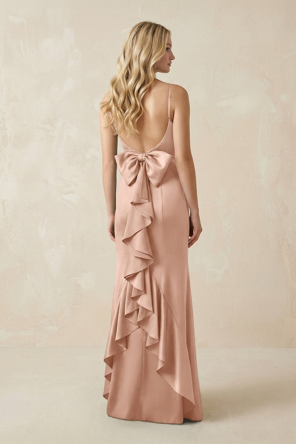 Cami Strap Ruffled Satin Bridesmaid Dress With Bow in Champagne Rose - KissProm Bridesmaid Dresses