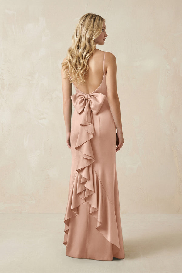 Cami Strap Ruffled Satin Bridesmaid Dress With Bow in Champagne Rose - KissProm Bridesmaid Dresses