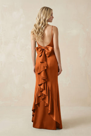 Cami Strap Ruffled Satin Bridesmaid Dress With Bow in Cinnamon - KissProm Bridesmaid Dresses