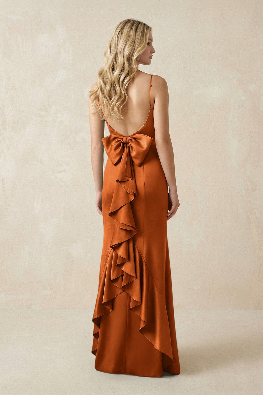 Cami Strap Ruffled Satin Bridesmaid Dress With Bow in Cinnamon - KissProm Bridesmaid Dresses
