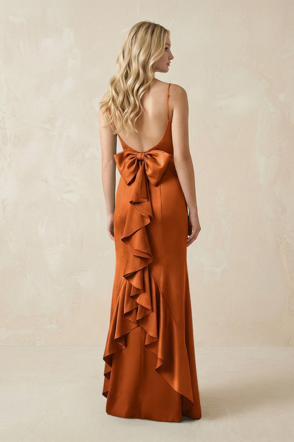 Cami Strap Ruffled Satin Bridesmaid Dress With Bow in Cinnamon - KissProm Bridesmaid Dresses