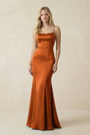 Cami Strap Ruffled Satin Bridesmaid Dress With Bow in Cinnamon - KissProm Bridesmaid Dresses