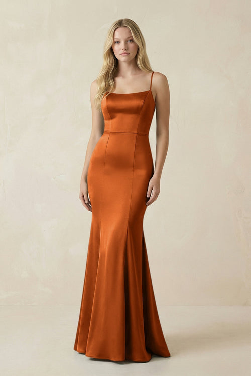 Cami Strap Ruffled Satin Bridesmaid Dress With Bow in Cinnamon - KissProm Bridesmaid Dresses