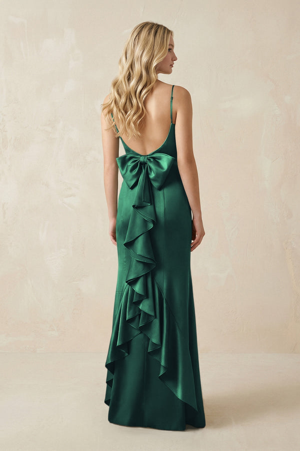 Cami Strap Ruffled Satin Bridesmaid Dress With Bow in Dark Green - KissProm Bridesmaid Dresses