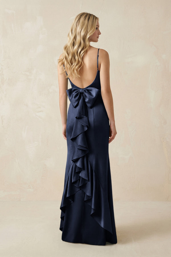 Cami Strap Ruffled Satin Bridesmaid Dress With Bow in Dark Navy - KissProm Bridesmaid Dresses