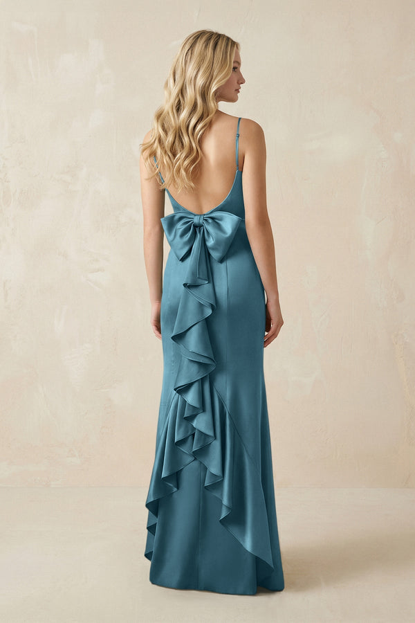 Cami Strap Ruffled Satin Bridesmaid Dress With Bow in Dark Teal - KissProm Bridesmaid Dresses