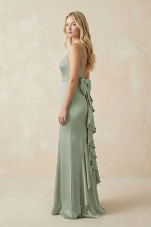 Cami Strap Ruffled Satin Bridesmaid Dress With Bow in Dove Gray - KissProm Bridesmaid Dresses