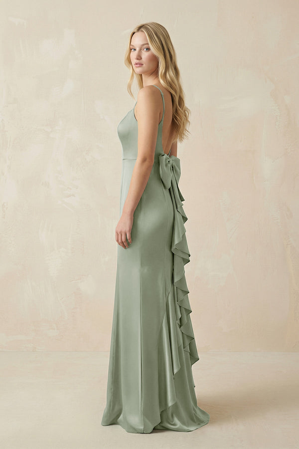 Cami Strap Ruffled Satin Bridesmaid Dress With Bow in Dove Gray - KissProm Bridesmaid Dresses