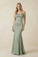 Cami Strap Ruffled Satin Bridesmaid Dress With Bow in Dove Gray - KissProm Bridesmaid Dresses