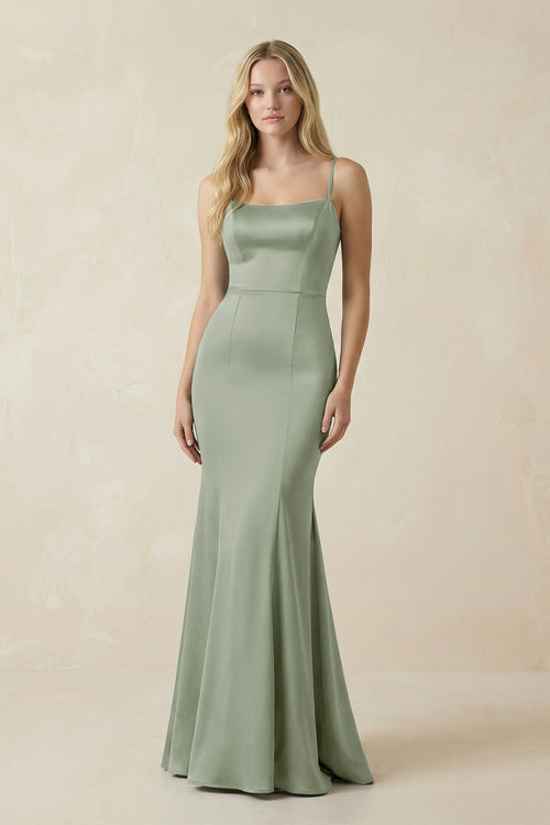 Cami Strap Ruffled Satin Bridesmaid Dress With Bow in Dove Gray - KissProm Bridesmaid Dresses