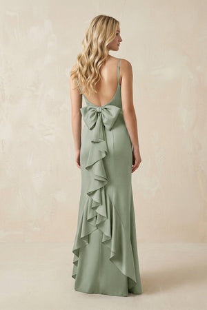 Cami Strap Ruffled Satin Bridesmaid Dress With Bow in Dove Gray - KissProm Bridesmaid Dresses