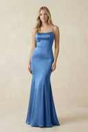 Cami Strap Ruffled Satin Bridesmaid Dress With Bow in Dusty Blue - KissProm Bridesmaid Dresses