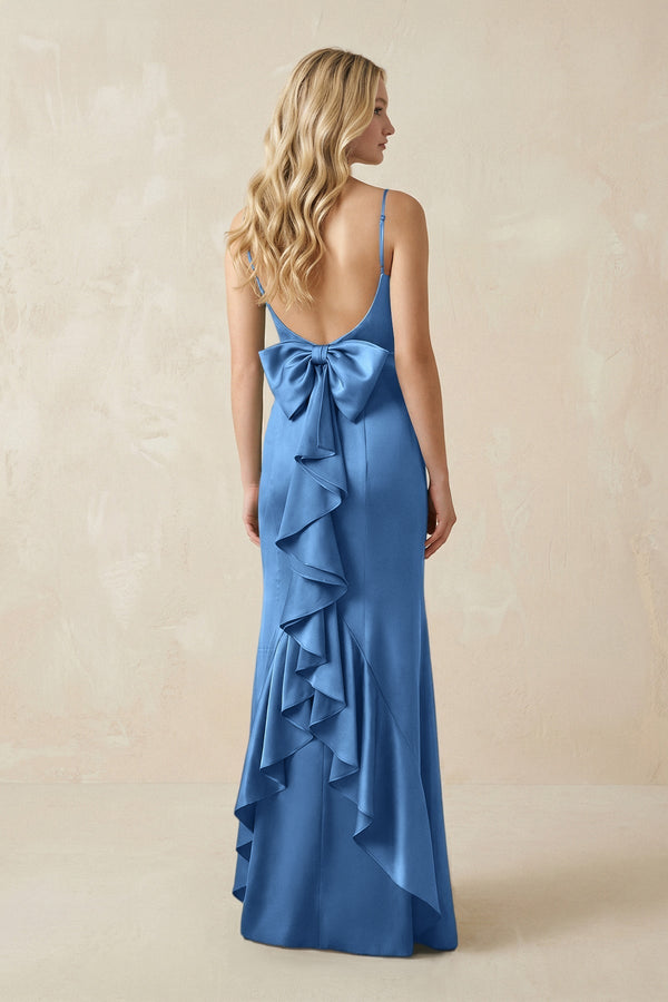 Cami Strap Ruffled Satin Bridesmaid Dress With Bow in Dusty Blue - KissProm Bridesmaid Dresses