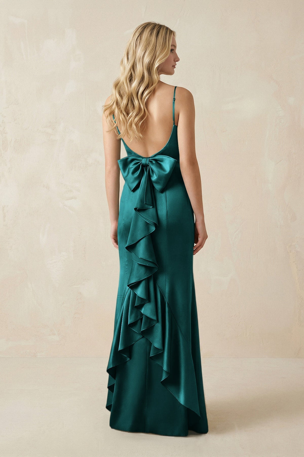 Cami Strap Ruffled Satin Bridesmaid Dress With Bow in Emerald - KissProm Bridesmaid Dresses