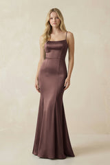 Cami Strap Ruffled Satin Bridesmaid Dress With Bow in Espresso - KissProm Bridesmaid Dresses