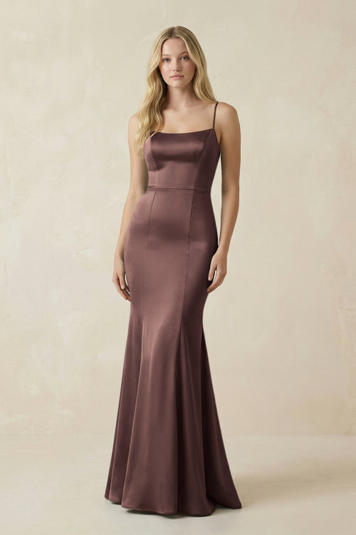Cami Strap Ruffled Satin Bridesmaid Dress With Bow in Espresso - KissProm Bridesmaid Dresses