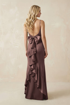 Cami Strap Ruffled Satin Bridesmaid Dress With Bow in Espresso - KissProm Bridesmaid Dresses