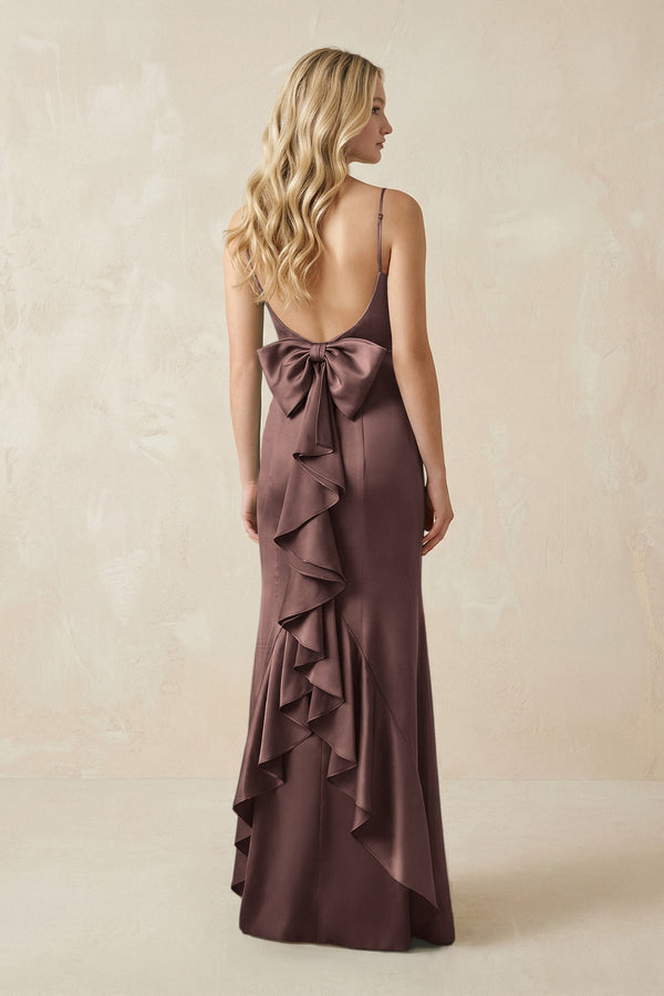 Cami Strap Ruffled Satin Bridesmaid Dress With Bow in Espresso - KissProm Bridesmaid Dresses