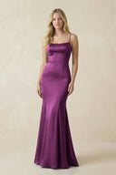 Cami Strap Ruffled Satin Bridesmaid Dress With Bow in Fig - KissProm Bridesmaid Dresses