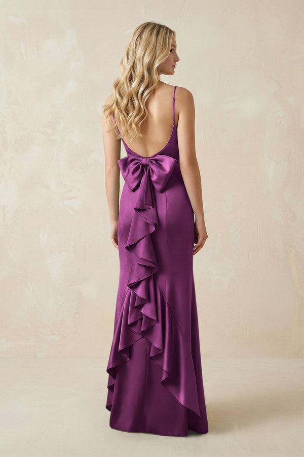 Cami Strap Ruffled Satin Bridesmaid Dress With Bow in Fig - KissProm Bridesmaid Dresses