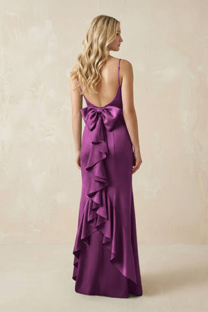 Cami Strap Ruffled Satin Bridesmaid Dress With Bow in Fig - KissProm Bridesmaid Dresses