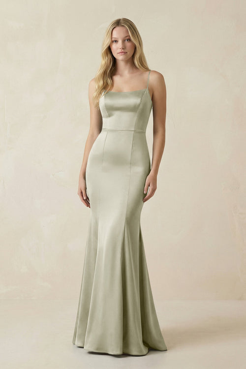 Cami Strap Ruffled Satin Bridesmaid Dress With Bow in Frost - KissProm Bridesmaid Dresses