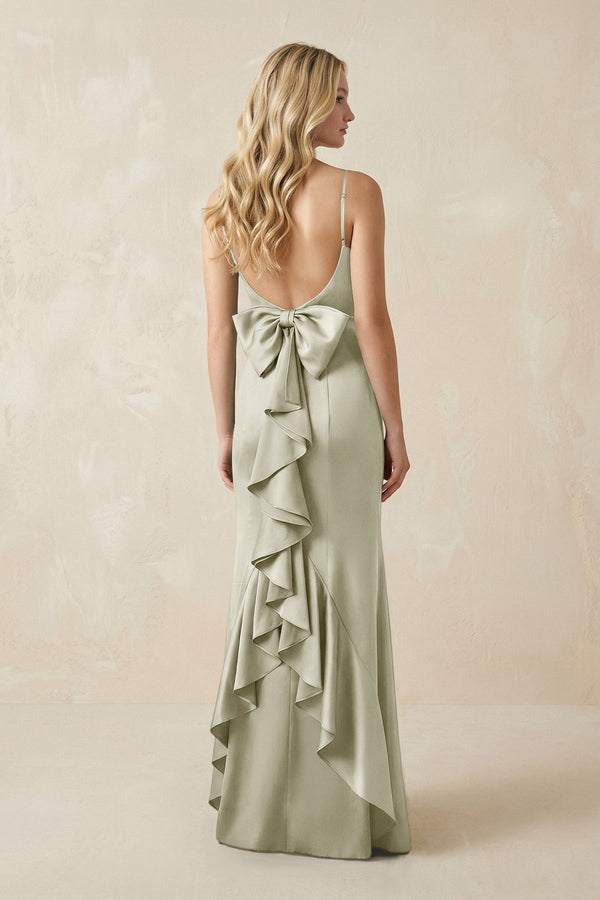 Cami Strap Ruffled Satin Bridesmaid Dress With Bow in Frost - KissProm Bridesmaid Dresses