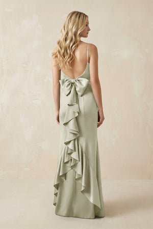 Cami Strap Ruffled Satin Bridesmaid Dress With Bow in Frost - KissProm Bridesmaid Dresses