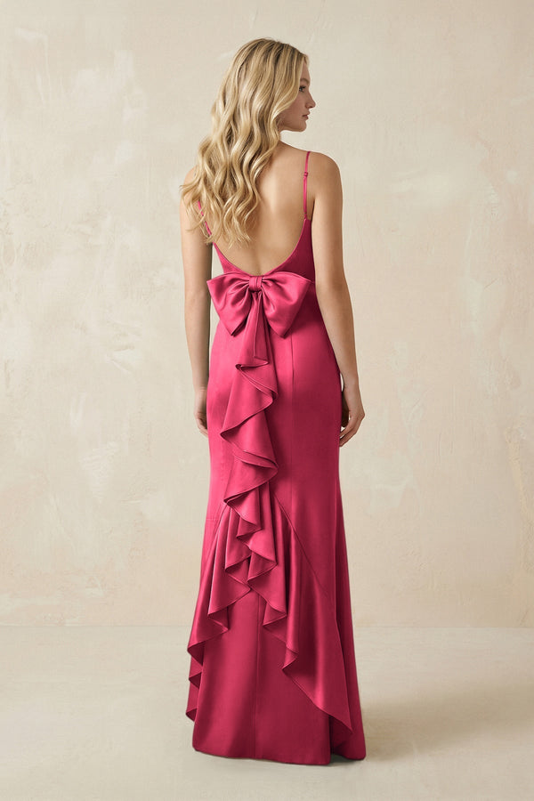Cami Strap Ruffled Satin Bridesmaid Dress With Bow in Fuchsia - KissProm Bridesmaid Dresses