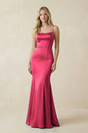 Cami Strap Ruffled Satin Bridesmaid Dress With Bow in Fuchsia - KissProm Bridesmaid Dresses