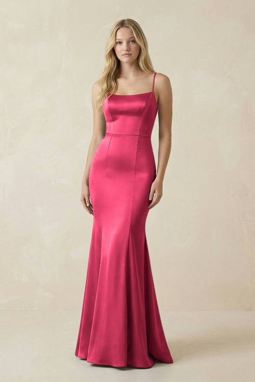 Cami Strap Ruffled Satin Bridesmaid Dress With Bow in Fuchsia - KissProm Bridesmaid Dresses