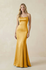 Cami Strap Ruffled Satin Bridesmaid Dress With Bow in Gold - KissProm Bridesmaid Dresses