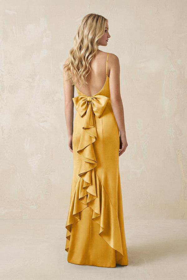Cami Strap Ruffled Satin Bridesmaid Dress With Bow in Gold - KissProm Bridesmaid Dresses