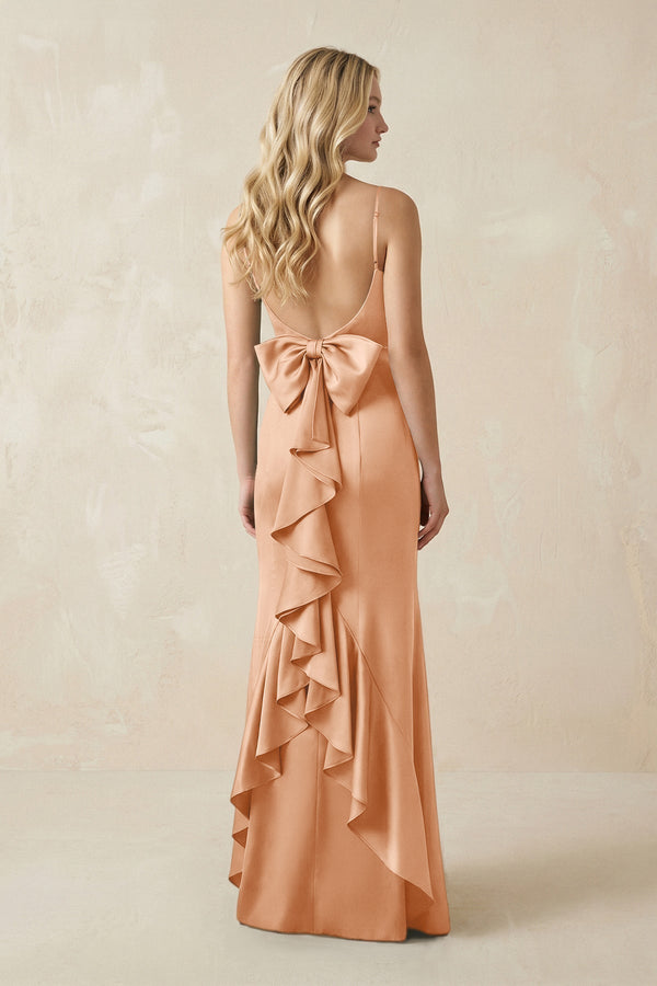 Cami Strap Ruffled Satin Bridesmaid Dress With Bow in Golden Champagne - KissProm Bridesmaid Dresses