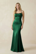 Cami Strap Ruffled Satin Bridesmaid Dress With Bow in Green - KissProm Bridesmaid Dresses