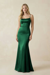 Cami Strap Ruffled Satin Bridesmaid Dress With Bow in Green - KissProm Bridesmaid Dresses