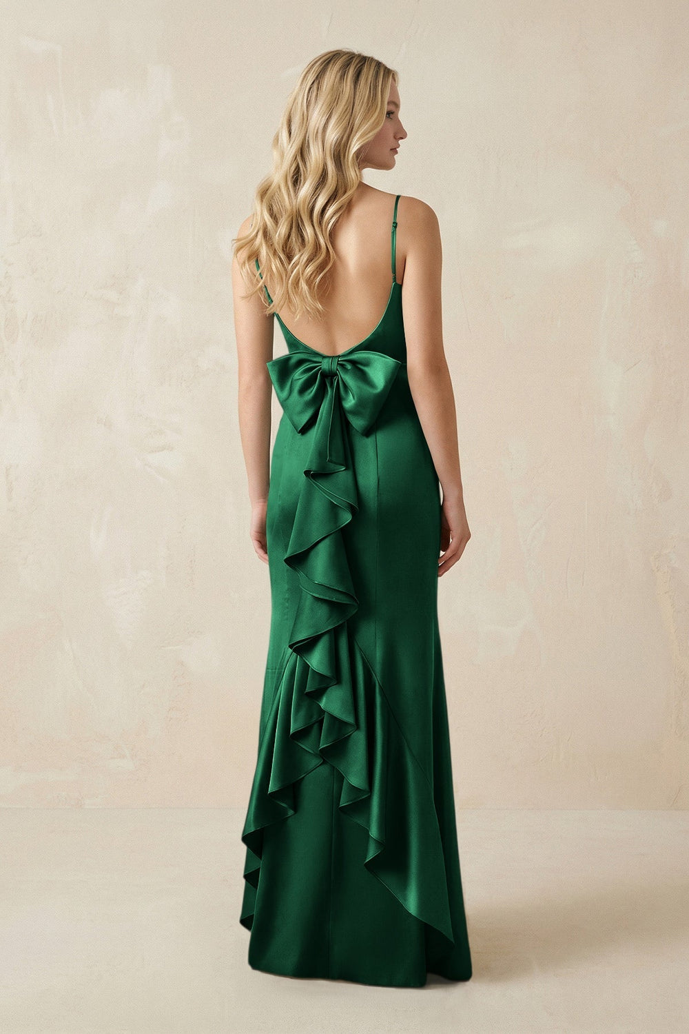 Cami Strap Ruffled Satin Bridesmaid Dress With Bow in Green - KissProm Bridesmaid Dresses