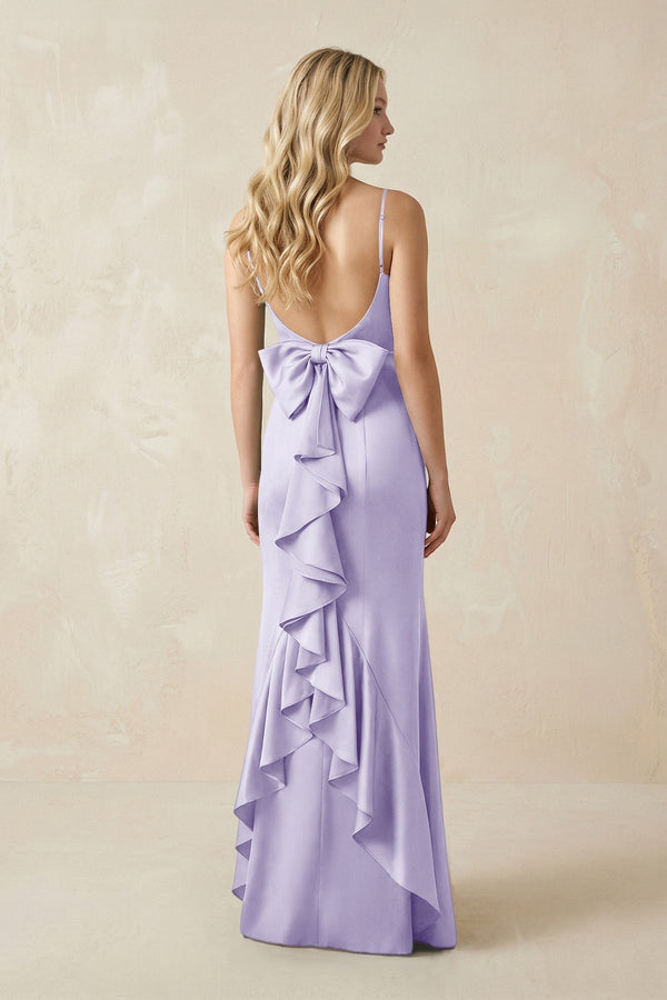 Cami Strap Ruffled Satin Bridesmaid Dress With Bow in Lavender - KissProm Bridesmaid Dresses