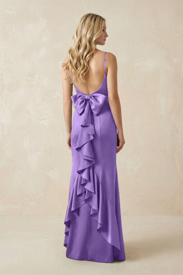 Cami Strap Ruffled Satin Bridesmaid Dress With Bow in Lilac - KissProm Bridesmaid Dresses