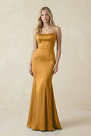 Cami Strap Ruffled Satin Bridesmaid Dress With Bow in Marigold - KissProm Bridesmaid Dresses