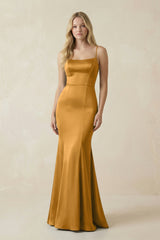 Cami Strap Ruffled Satin Bridesmaid Dress With Bow in Marigold - KissProm Bridesmaid Dresses