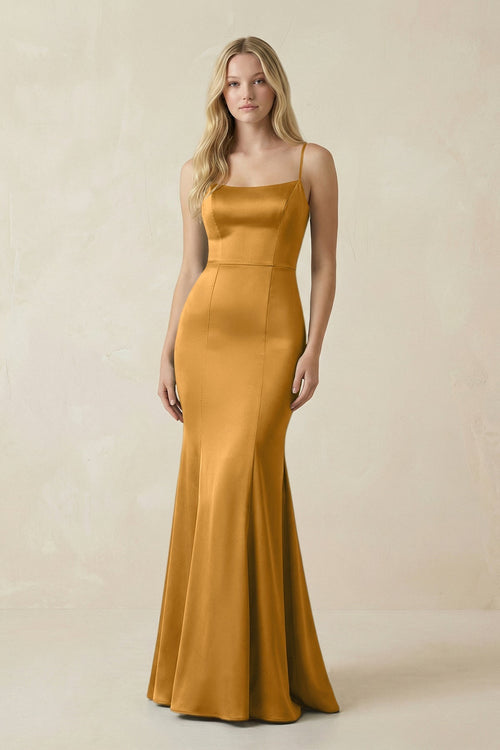 Cami Strap Ruffled Satin Bridesmaid Dress With Bow in Marigold - KissProm Bridesmaid Dresses