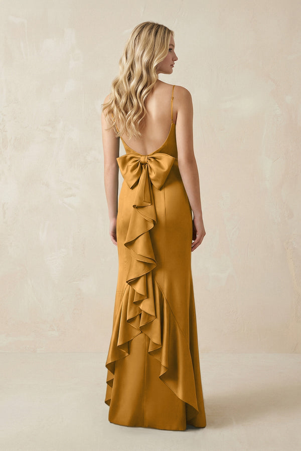 Cami Strap Ruffled Satin Bridesmaid Dress With Bow in Marigold - KissProm Bridesmaid Dresses