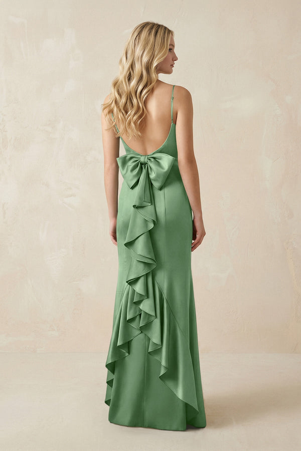 Cami Strap Ruffled Satin Bridesmaid Dress With Bow in Matcha - KissProm Bridesmaid Dresses