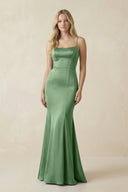 Cami Strap Ruffled Satin Bridesmaid Dress With Bow in Matcha - KissProm Bridesmaid Dresses