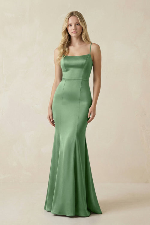 Cami Strap Ruffled Satin Bridesmaid Dress With Bow in Matcha - KissProm Bridesmaid Dresses