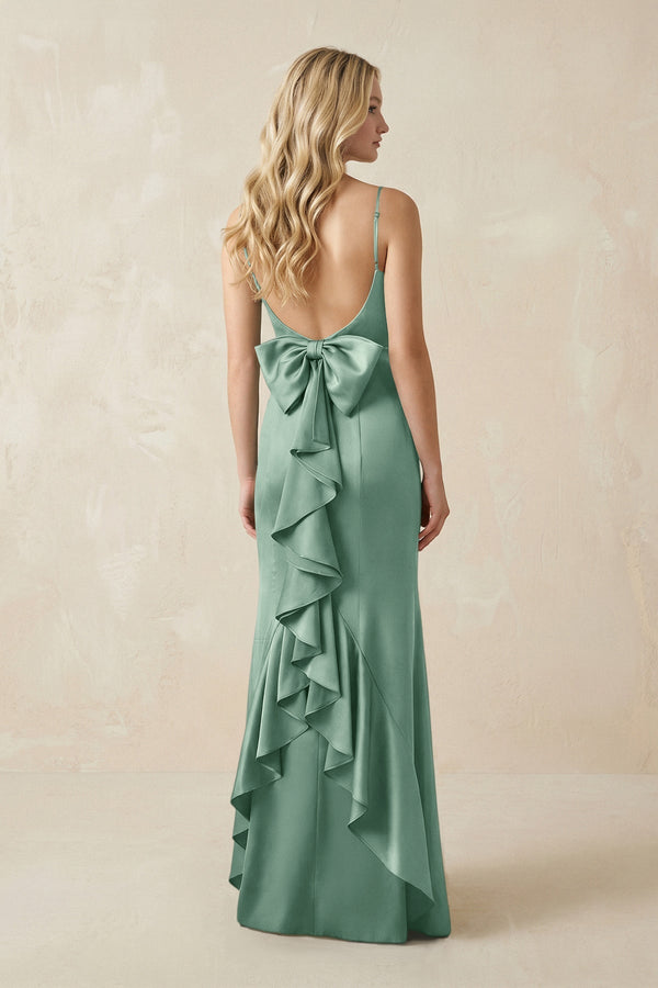 Cami Strap Ruffled Satin Bridesmaid Dress With Bow in Mint Green - KissProm Bridesmaid Dresses