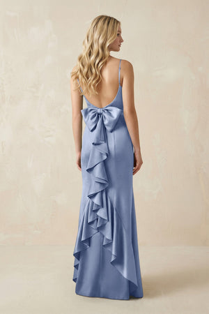 Cami Strap Ruffled Satin Bridesmaid Dress With Bow in Mist - KissProm Bridesmaid Dresses