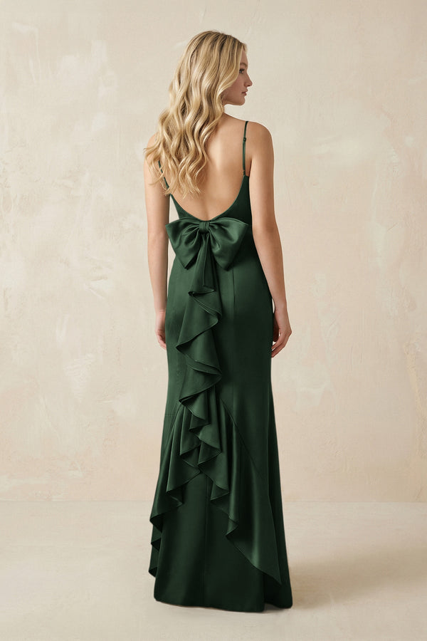 Cami Strap Ruffled Satin Bridesmaid Dress With Bow in Moss - KissProm Bridesmaid Dresses