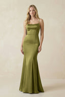 Cami Strap Ruffled Satin Bridesmaid Dress With Bow in Moss Green - KissProm Bridesmaid Dresses